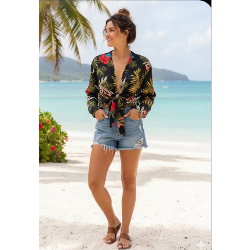 Miss Lili Tropical Black Floral Kimono Blouse Small